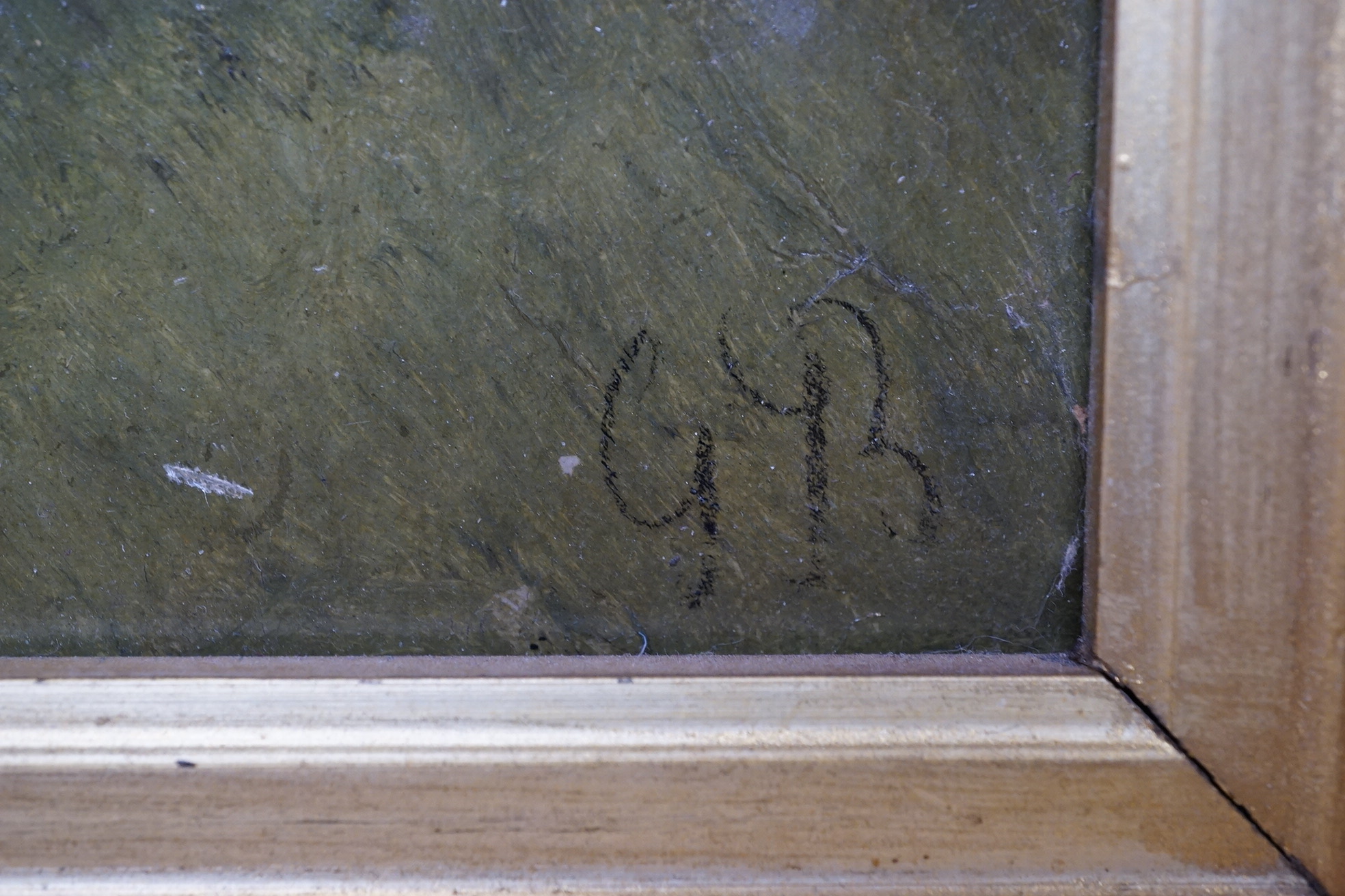Impressionist oil on board, Study of a cow, initialled G B, 29 x 39cm, ornate gilt frame. Condition - good